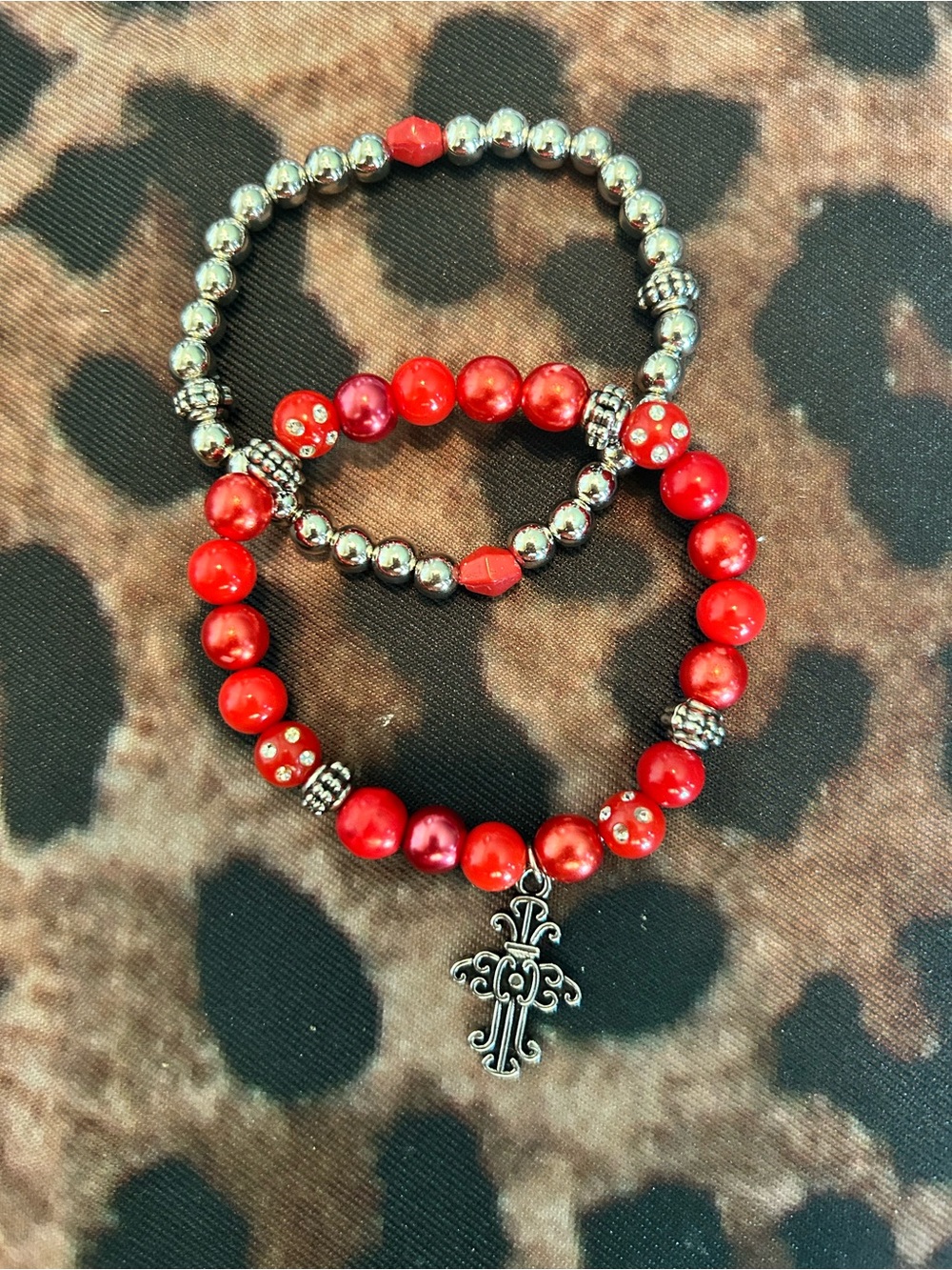 Hand Crafted Red Beaded Bracelet Set with Cross Charm